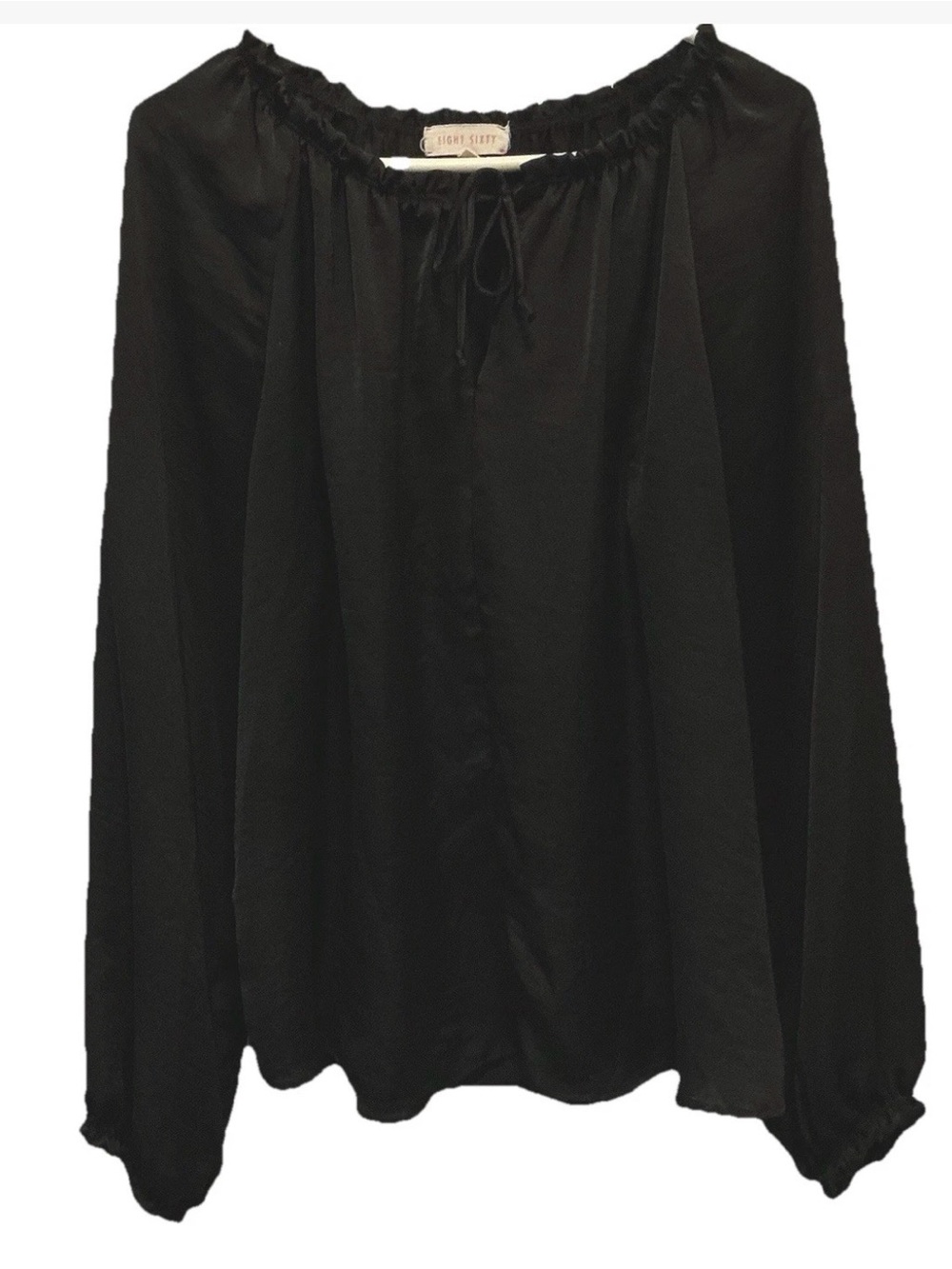 Womens Med Eight Sixty black ruffled long-sleeve blouse top, front tie loose EUC